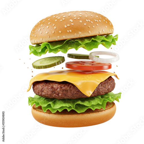 Juicy Cheeseburger With Floating Ingredients On Transparent