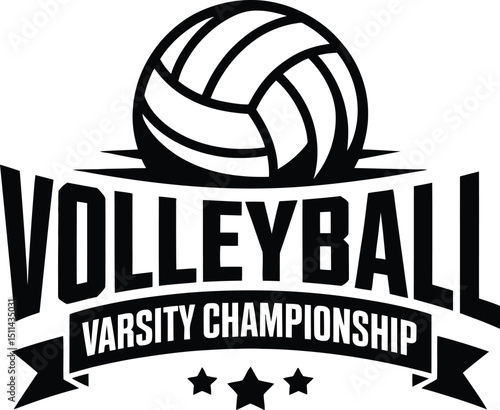 A black and white volleyball varsity championship logo with a volleyball and three stars below it