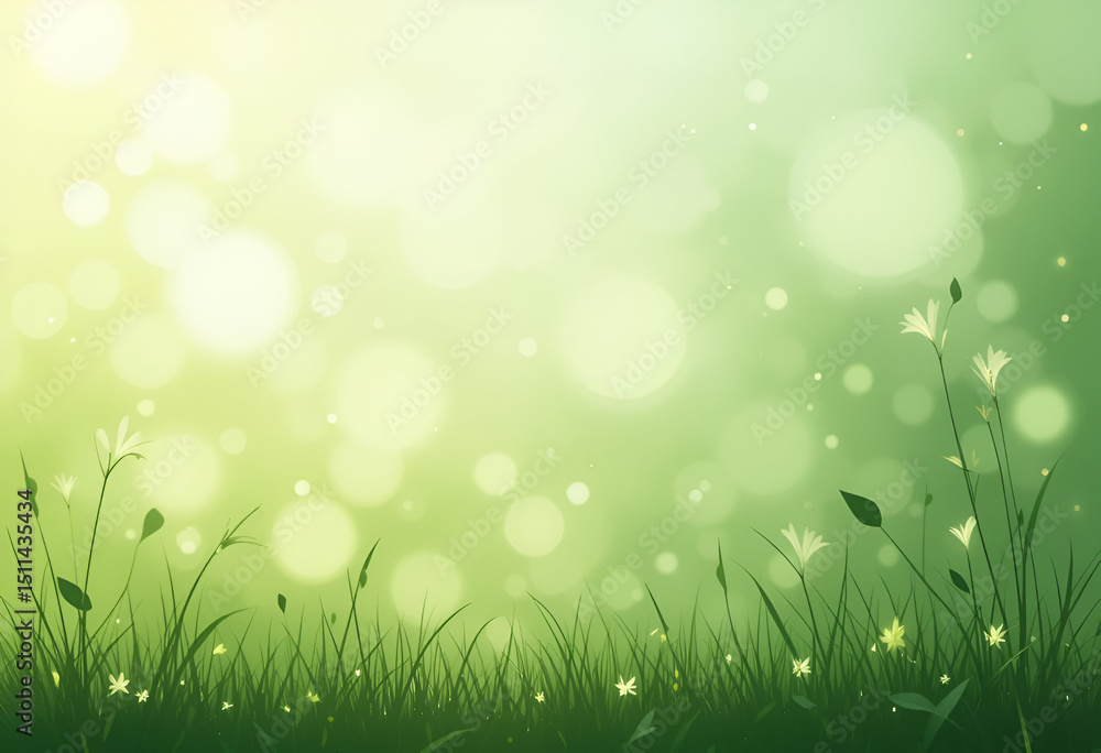 Obraz premium Sunlit Green Field with Blurred Bokeh Effect and Floating Leaves – Serene Nature Background Featuring Lush Grass and Soft Glowing Light 