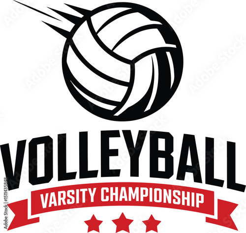 A volleyball logo displaying a ball with motion lines above varsity championship text and three stars