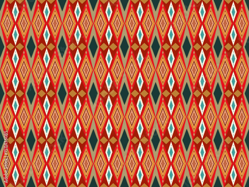 Abstract colourful red orange on geometric triangle seamless pattern, motif decorative tribal textiles on aztec inspired, ethnic design wall art background.