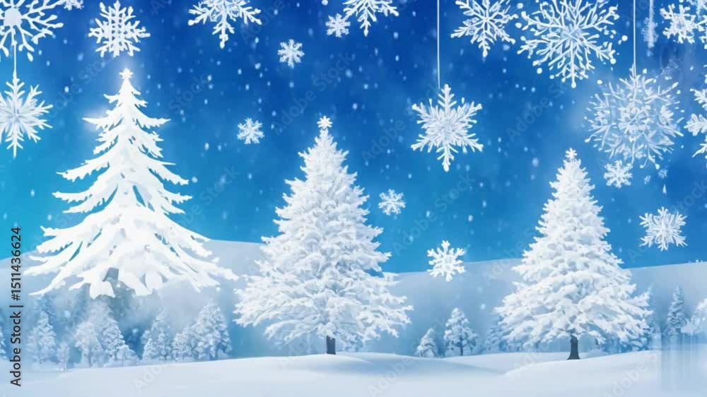 Winter wonderland scene with snow covered trees and falling snowflakes on a blue gradient background Winter wonderland scene with snow covered trees and falling snowflakes on a blue gradient background