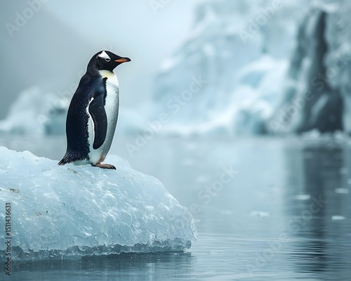 A lone penguin stands on a diminishing glacier in the open ocean