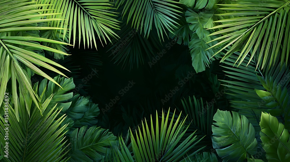 Fototapeta premium Lush Green Palm Leaves Frame Tropical Paradise Background .
