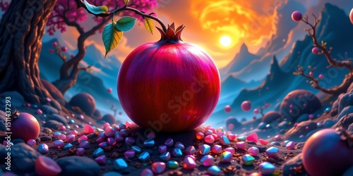 vibrant, surreal fantasy scene with a glowing pomegranate and iridescent seeds against a mystical landscape