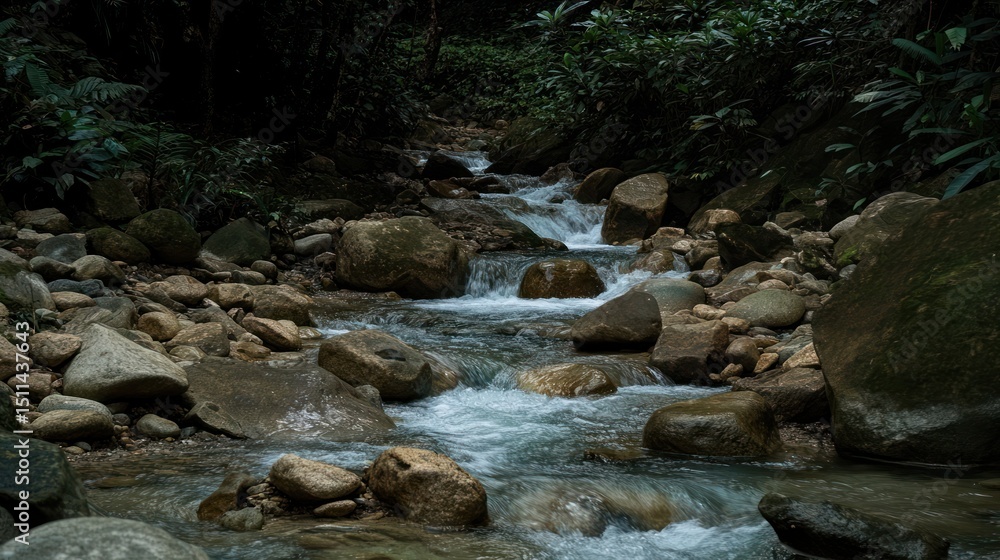 Serene mountain stream winding through lush foliage. Rocks and water Serene mountain stream winding through lush foliage. Rocks and water
