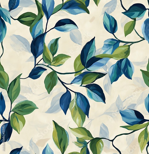 A batik fabric seamless pattern of blue and green leaves on a gray stone background