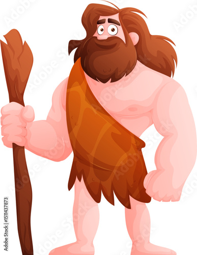 Cartoon Caveman Character with Club Illustration of Prehistoric Human.