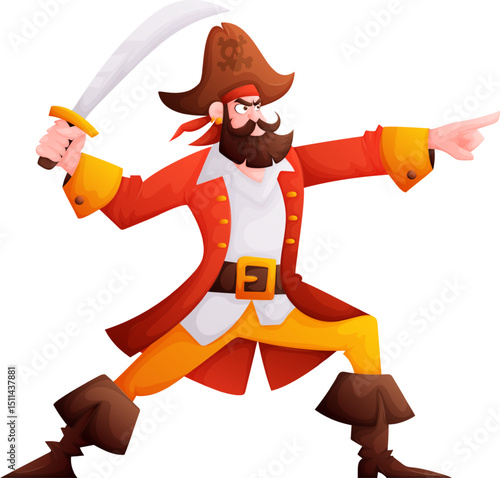 Cartoon Pirate Character with Sword Pointing Ahead, Wearing a Classic Pirate Outfit.