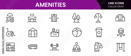 amenities facilities line icons, hotel parking restaurant park swimming pool, Vector illustration