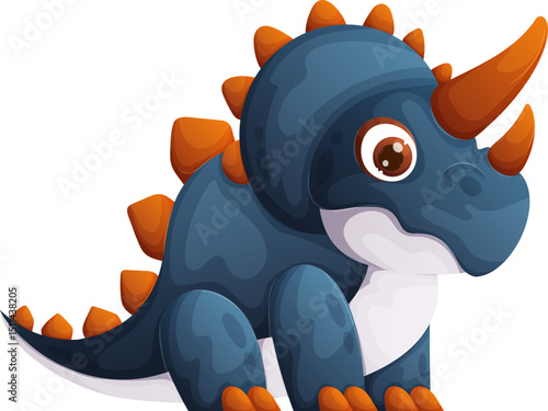 Cute Cartoon Triceratops Vector Illustration, prehistoric animal with orange spikes.