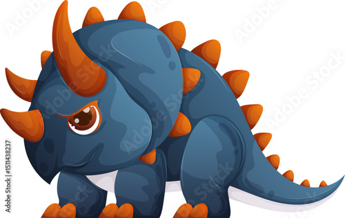 Cartoon Triceratops with orange spikes and horns, cute but with a slightly angry face.