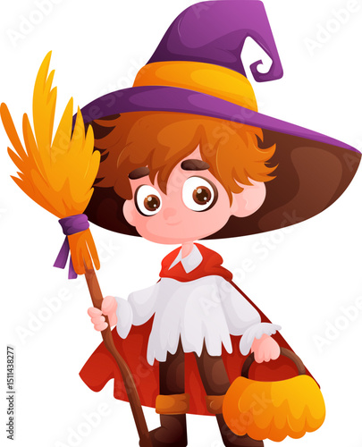 Cute Cartoon Boy Dressed as Wizard with Broom and Pumpkin for Halloween Party.
