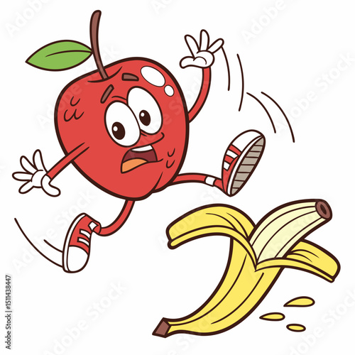 Cartoon Apple Slipping on Banana Peel
