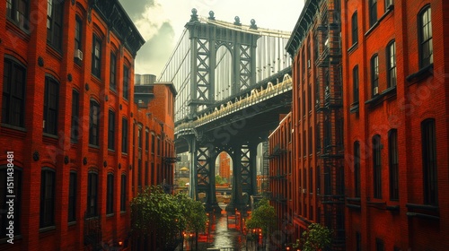 Wallpaper Mural Urban alleyway, rain, New York, red brick buildings, and a bridge Torontodigital.ca