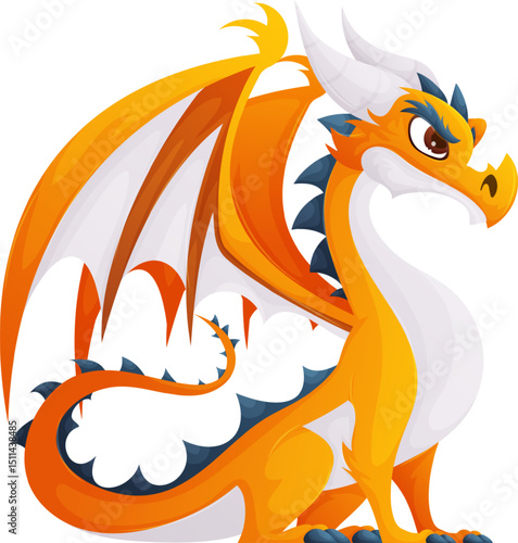 Cartoon orange dragon with white belly and horns. Dragon looking angry and serious.