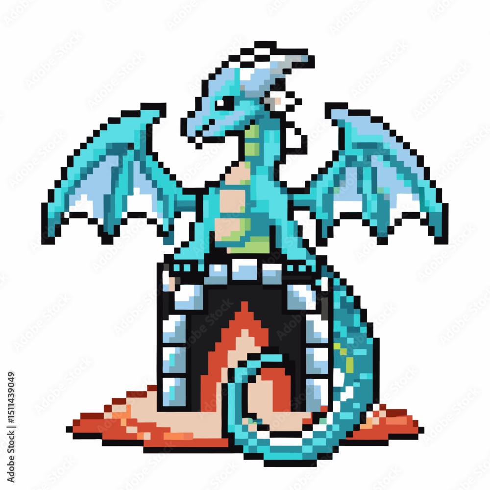 Fototapeta premium pixel art dragon on fortress retro fantasy creature, pixelated mythical beast guarding castle
