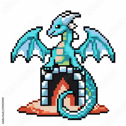pixel art dragon on fortress retro fantasy creature, pixelated mythical beast guarding castle