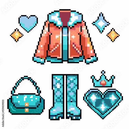 pixel art fashion items stylish jacket, boots, crown, handbag, heart, sparkling gems on white backdrop