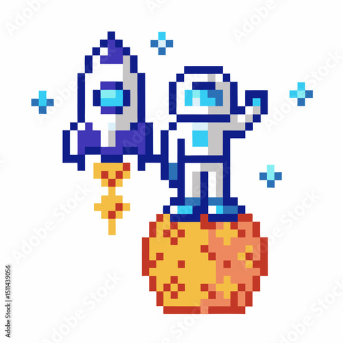 Pixel astronaut and rocket on orange planet retro space exploration, video game art