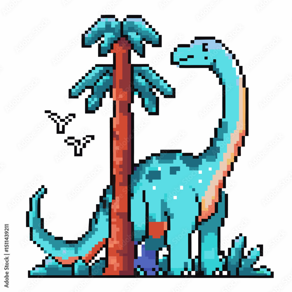 Obraz premium pixelated dinosaur in vibrant blue beside palm tree with birds, retro video game art