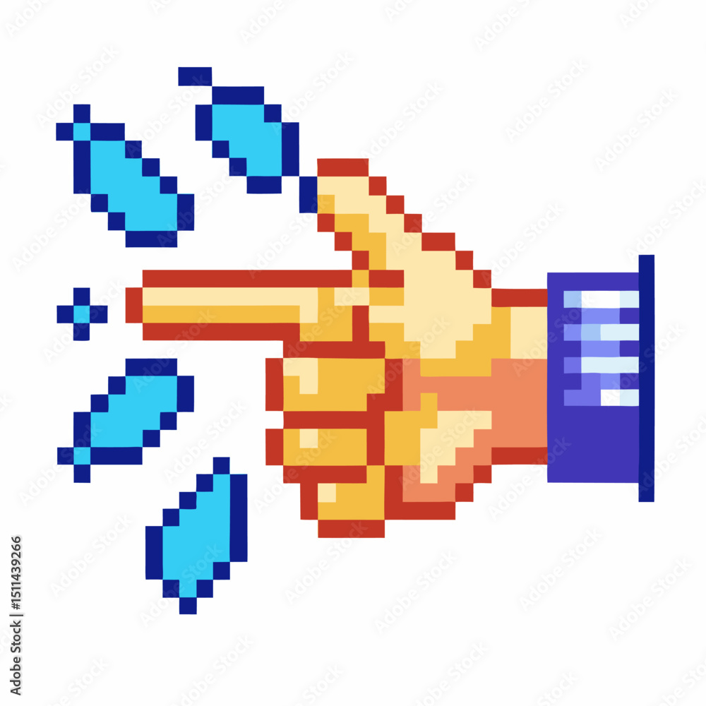 Obraz premium pixel art hand pointing with scattered blue pixel droplets retro gaming aesthetic with vibrant digital colors