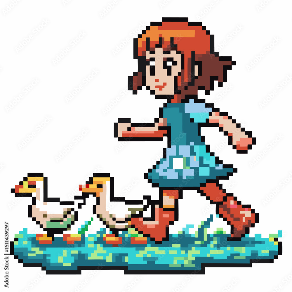 Obraz premium Pixel art girl running with ducks in a vibrant field retro gaming, nostalgic 8 bit style, playful scene