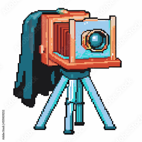 vintage camera on tripod retro equipment, antique wooden box design artistic pixel art