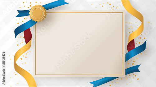 Modern Graduation Certificate Frame with Colorful Curling Ribbons and Confetti Particles on Light Beige or White Background, Minimalist Design Featuring Central Copy Space for Custom Text.