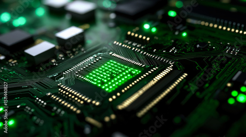 Close-up view of green-lit computer motherboard circuits