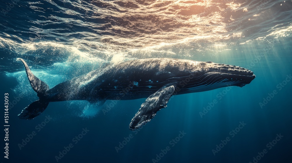 Naklejka premium Massive whale swimming close to surface water ocean depths nature photography serene environment underwater perspective marine life exploration