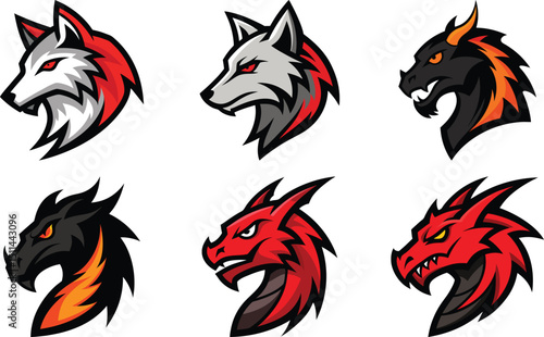 A set of wolf head face portraits features the profile of an angry, roaring animal with its mouth open, showcasing a wild canine predator mammal in a simple black and white linocut tattoo silhouette
