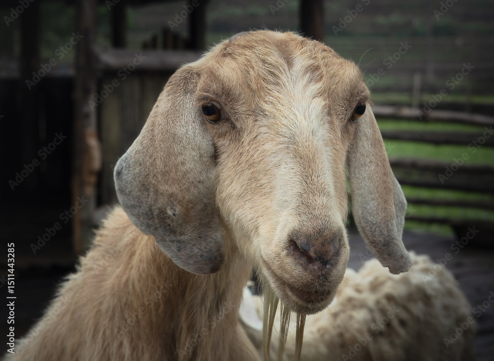 Fototapeta premium A portrait of a cute sheep with funny beard