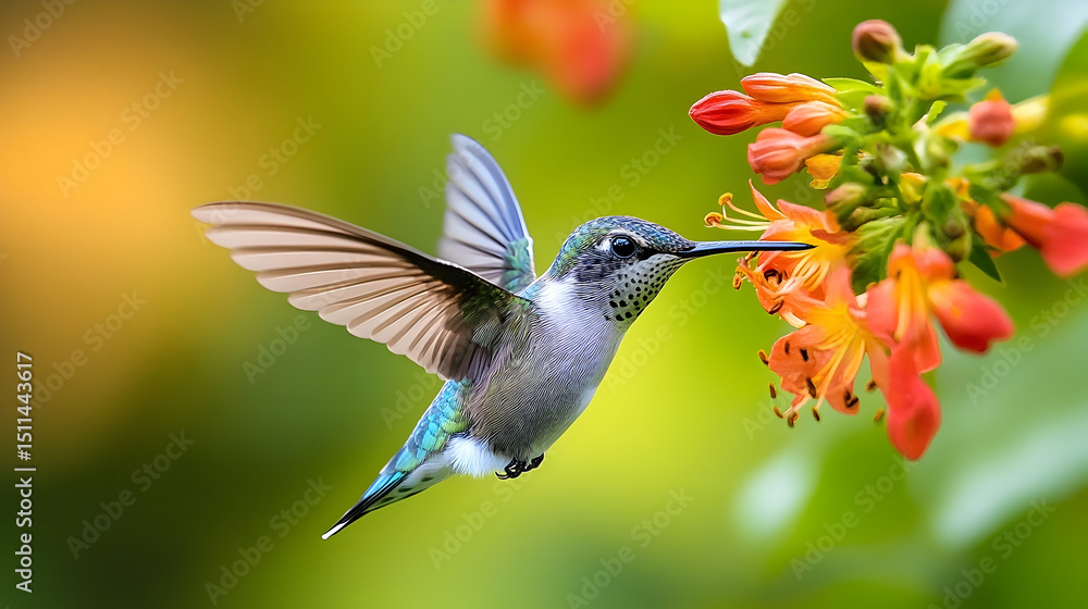 Fototapeta premium A hummingbird in flight, feeding from a vibrant flower.