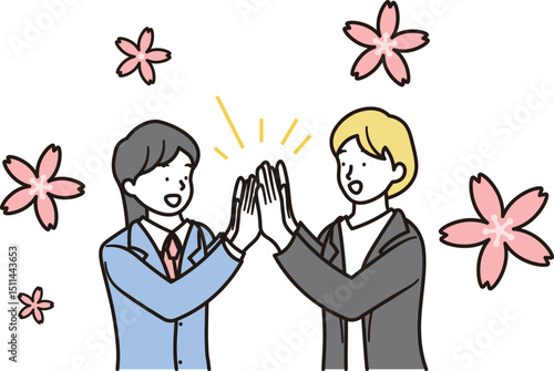 桜と笑顔で喜んでいる女子高校生と先生がハイタッチしているシンプルな上半身のイラスト素材