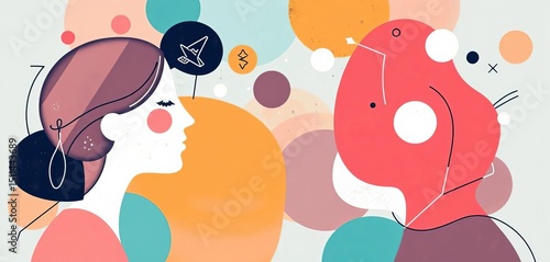 Abstract vector illustration of active listening, depicted with symbolic shapes and lines representing focused attention and communication,  clean,  mindful