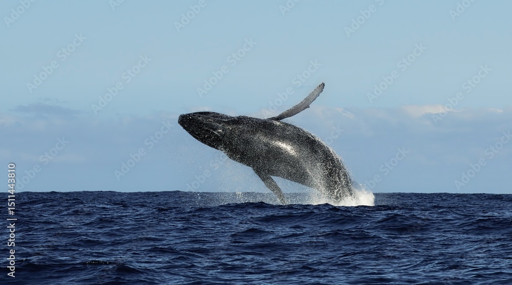 Fototapeta premium Humpback whale jump Megaptera breaches near East London South Africa. Shot in Tonga or South Africa. Humpback whale jumps out of the water Slow motion. Wildlife giant marine mammals. Amazing animals