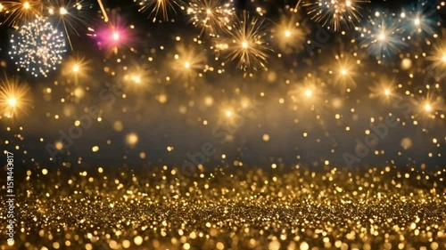 A shimmering golden glitter foreground under a night sky filled with colorful fireworks display above