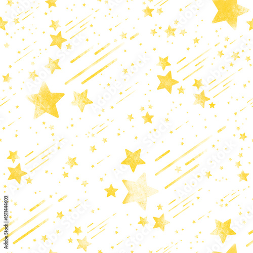 Watercolor shooting star seamless pattern vector. Cute yellow stars, meteor, meteor shower. Beautiful design for baby dress, child skirt, kid cloth, wrapping, paper, card, print, cover, decor.
