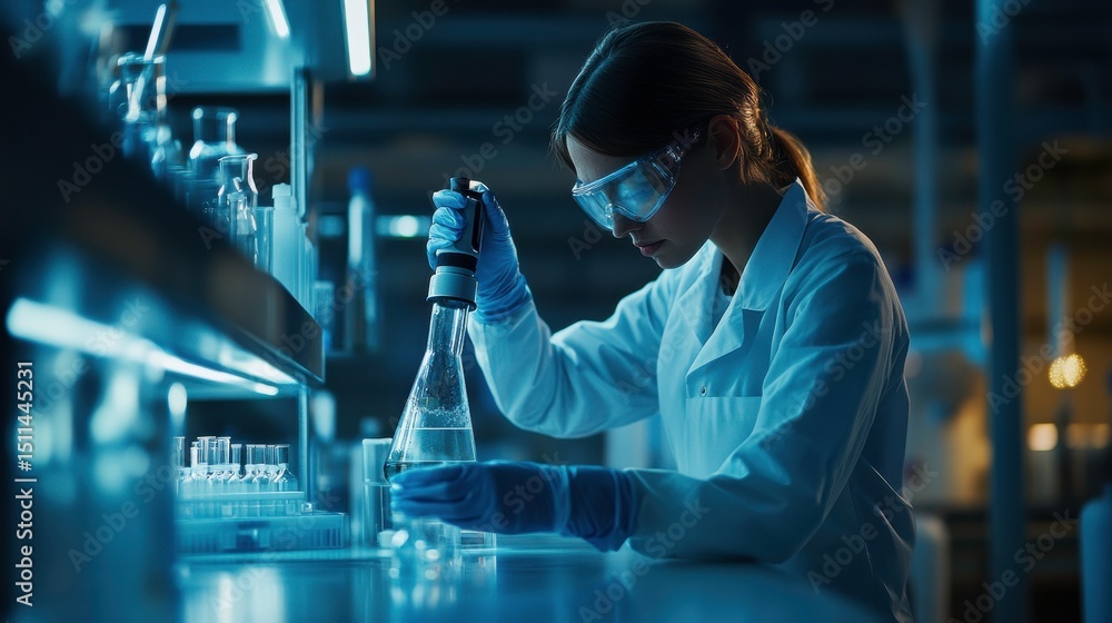 Female Scientist Conducting Experiment in Modern Laboratory Environment Female Scientist Conducting Experiment in Modern Laboratory Environment