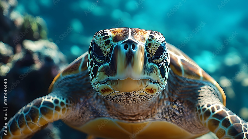 Fototapeta premium Close-up of a sea turtle's head and upper shell.