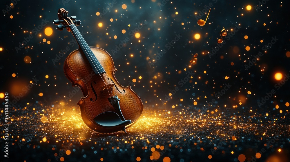Fototapeta premium Violin bathed in golden glitter