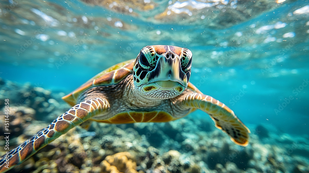 Fototapeta premium A sea turtle swims through a coral reef.