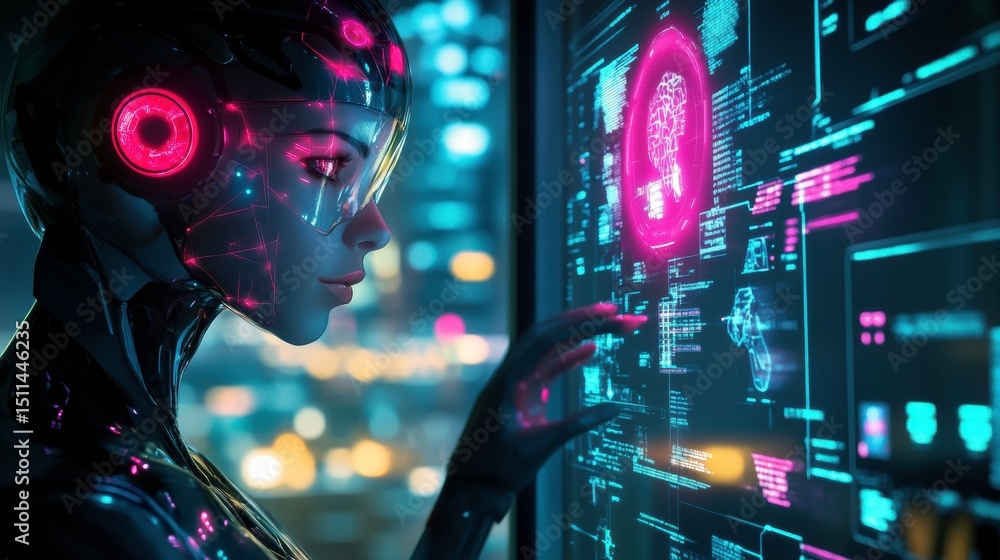 Futuristic Robot Analyzing Data in High-Tech Urban Environment Futuristic Robot Analyzing Data in High-Tech Urban Environment