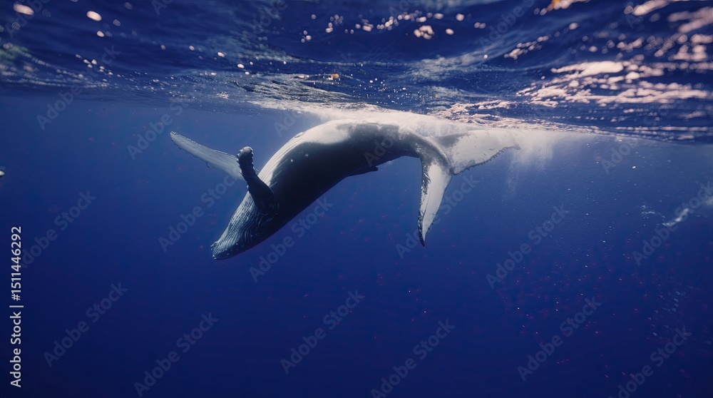 Fototapeta premium Fantastic closeup humpback whale gently dancing in blue water close to surface, light shimmering. Concept of natural habitat wildlife marine animals of Tonga. Underwater shot full body whale.