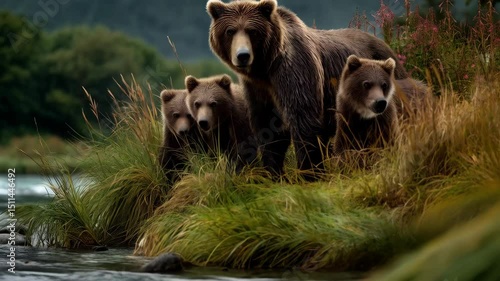 Brown bear with cubs by a riverbank surrounded by green grass and wild flowers, looking directly into camera.