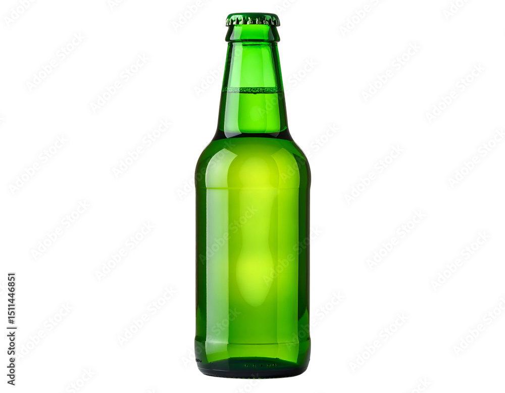Green Glass Beer Bottle: A vibrant green glass beer bottle filled with refreshing liquid, captured in a close-up, isolated against a clean backdrop. Green Glass Beer Bottle: A vibrant green glass beer bottle filled with refreshing liquid, captured in a close-up, isolated against a clean backdrop.