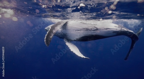 Fantastic closeup humpback whale gently dancing in blue water close to surface, light shimmering. Concept of natural habitat wildlife marine animals of Tonga. Underwater shot full body whale.