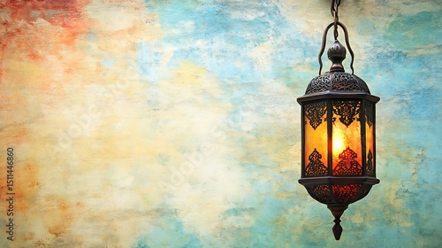 Ornate lantern hanging on colorful wall