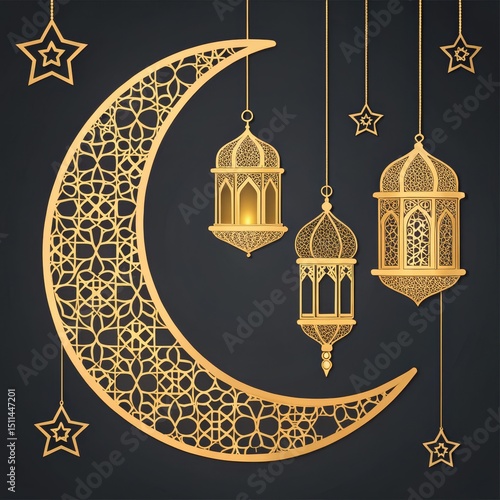 Golden Crescent Moon with H...
